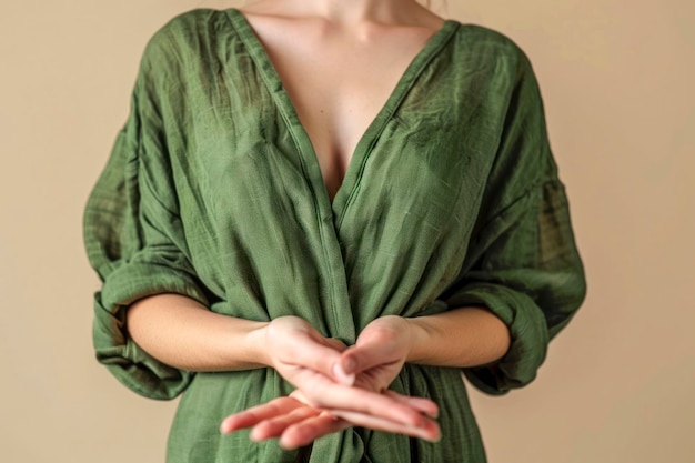 Photo of positive reliable lady hands presenting empty space wear green dress isolated beige color