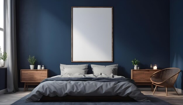 photo poster mockup with vertical frame on empty dark blue wall in bedroom interior