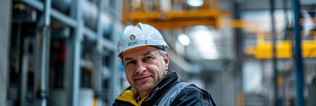 A photo presents a janitor in work attire confidently looking at the camera reflecting competence