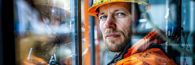 A photo presents a janitor in work attire confidently looking at the camera reflecting competence