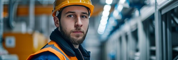 A photo presents a janitor in work attire confidently looking at the camera reflecting competence