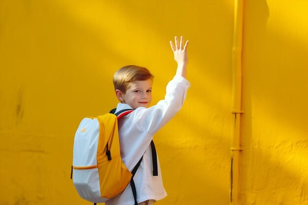 Photo photo of pretty friendly school boy wear white shirt rucksack smiling waving arm hi isolated yellow