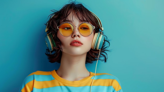 Photo of pretty gorgeous girl with bob hairdo dressed striped tshirt headphones