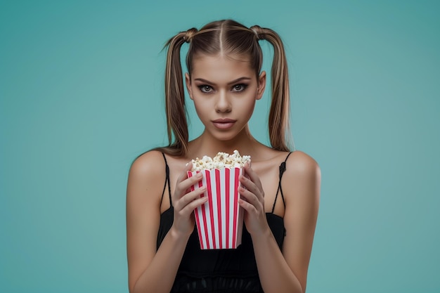 Photo of pretty lady holding paper popcorn container