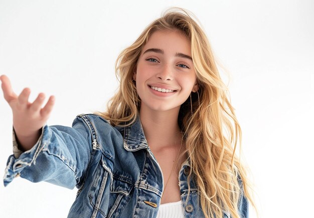 Photo of pretty smiling young woman with blonde curly hair wearing denim jacket taking selfie while