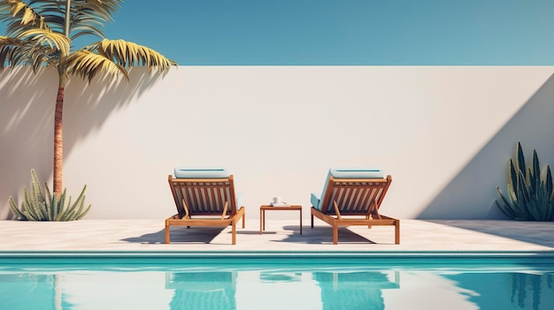 A photo of a pristine swimming pool with lounge chairs