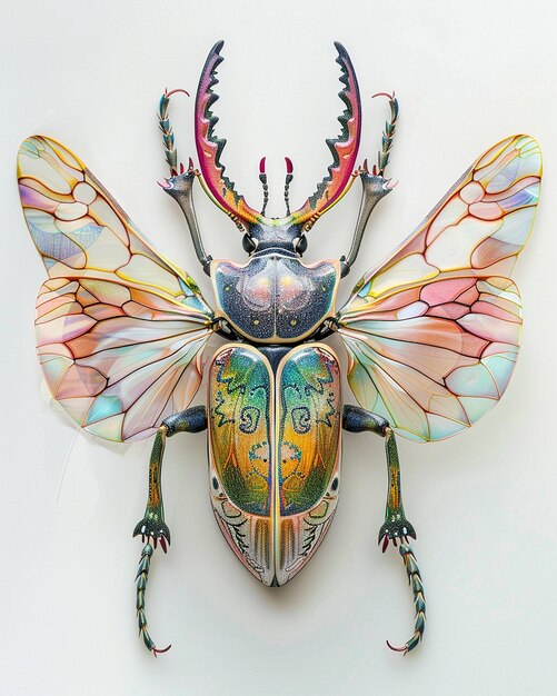 Photo photo of a procelain rhinoceros beetle with large transparent wings and pastel colored