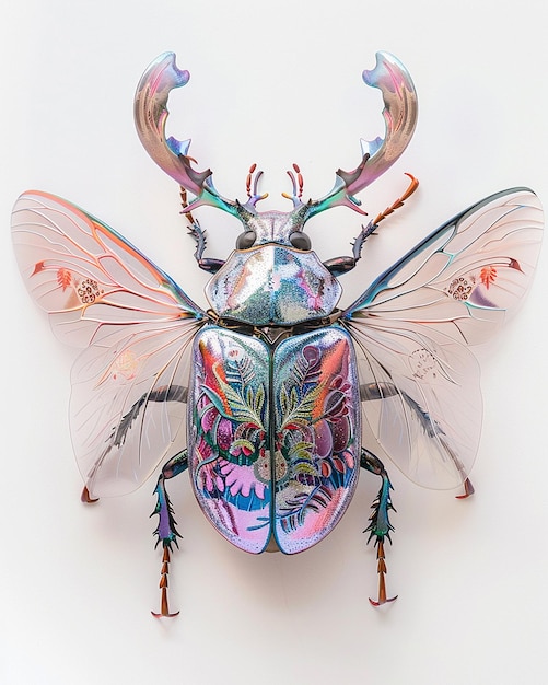 Photo photo of a procelain rhinoceros beetle with large transparent wings and pastel colored