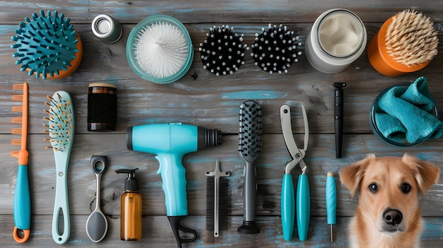 Photo photo of professional dog grooming tools and hair dryer emphasizing pet care