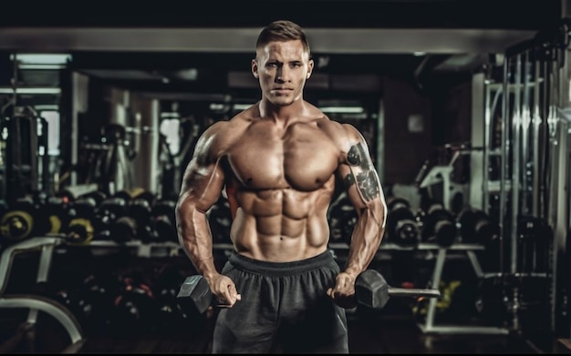 Photo professional weightlifter is training in the gym dumbbell curl bodybuilding