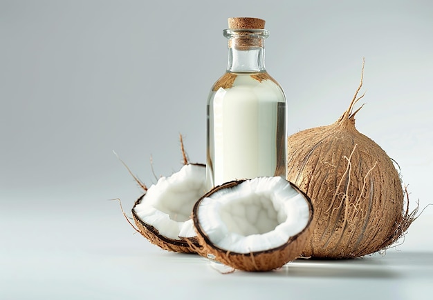 Photo of pure bottle of coconuts shells with coconut oil bottles on a table