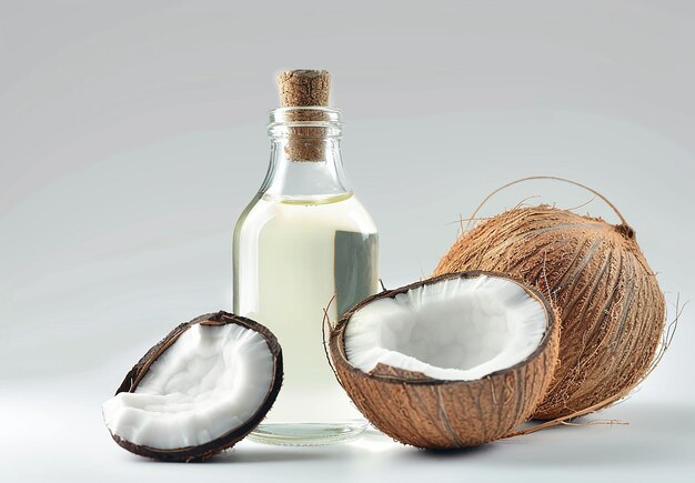 Photo of pure bottle of coconuts shells with coconut oil bottles on a table