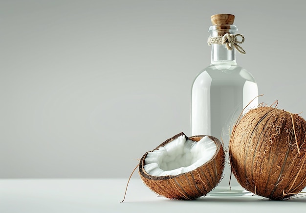 Photo of pure bottle of coconuts shells with coconut oil bottles on a table