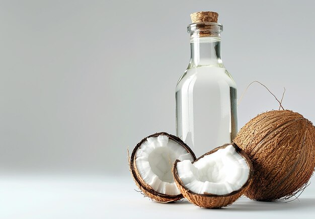 Photo of pure bottle of coconuts shells with coconut oil bottles on a table