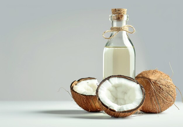 Photo of pure bottle of coconuts shells with coconut oil bottles on a table