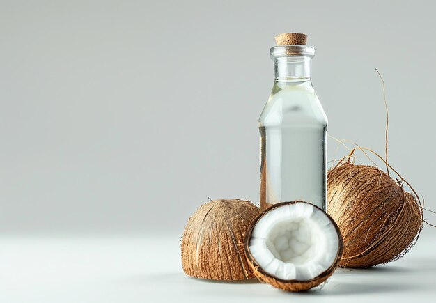 Photo of pure bottle of coconuts shells with coconut oil bottles on a table