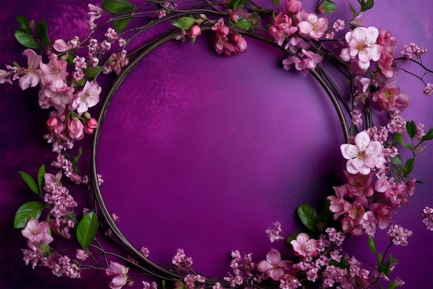 photo a purple background with a round frame and flowers