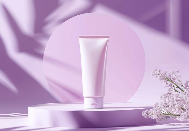 Photo of purple color cosmetic cream tube on round podium stand