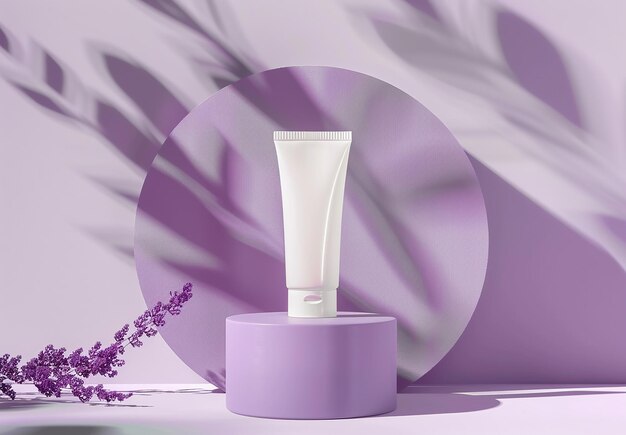 Photo of purple color cosmetic cream tube on round podium stand