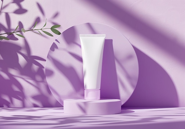 Photo of purple color cosmetic cream tube on round podium stand