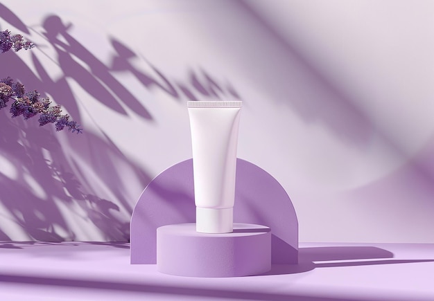 Photo of purple color cosmetic cream tube on round podium stand