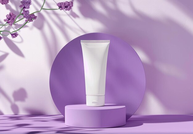 Photo of purple color cosmetic cream tube on round podium stand