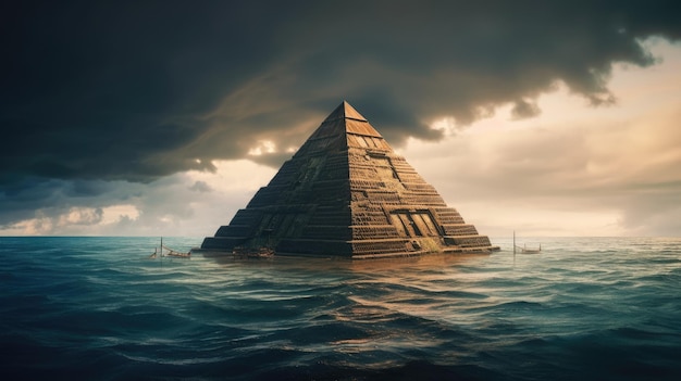 Photo pyramid building isolated in the middle of the ocean