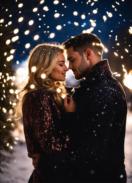 A photo quality image of a couple in love small town romance new years eve blonde woman