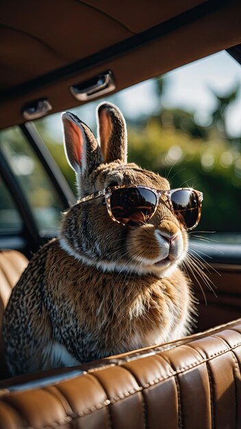 Photo a photo of a rabbit sitting on a luxury car sofa wearing transparent sunglasses and smiling slightly