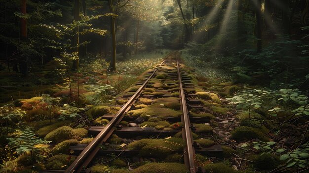 Photo of railway tracks that are overgrown with grass and pass through the forest