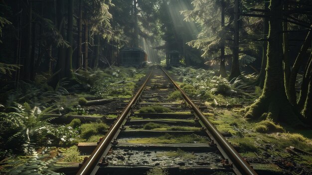 Photo of railway tracks that are overgrown with grass and pass through the forest