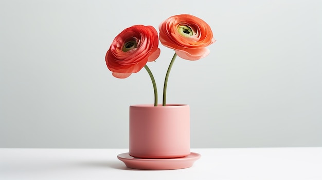 Photo of Ranunculus flower in pot isolated on white background