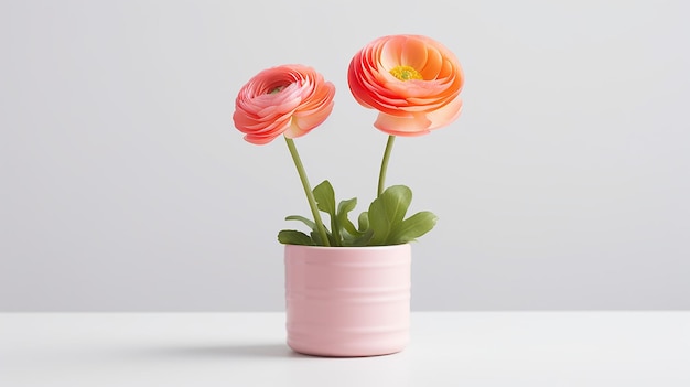 Photo of Ranunculus flower in pot isolated on white background