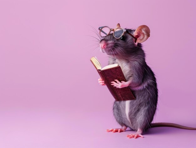 A photo of a rat dressed as a teacher wearing glasses and holding a book standing in a scholarly pose with space left in the frame for additional elements on a solid violet background