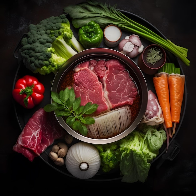 photo raw meat and fresh vegetable for hot pot shabu menu food photography