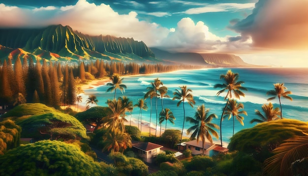 Photo real as Hawaiian Harmony Hawaii Aloha spirit where lush landscapes meet the Pacific playful wa