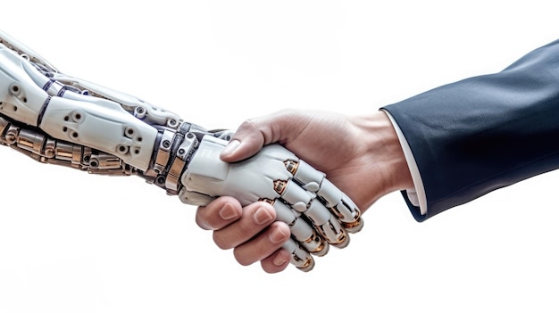 Photo of a real human hand and robot hand handshakingBackground Color HD Generative Ai