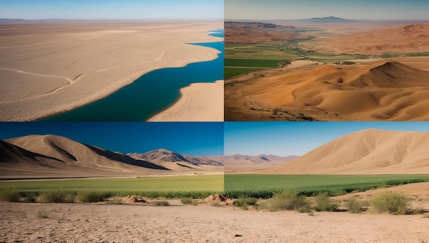 Photo Realistic as Arid Plains and Fertile Valley concept as A view illustrating arid plains and a f