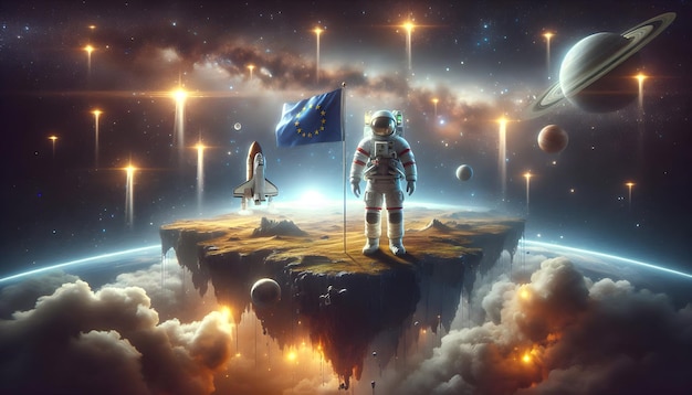 Photo Realistic as Astronaut with Helmet and Flag on Floating Island concept as Long shot of an astr