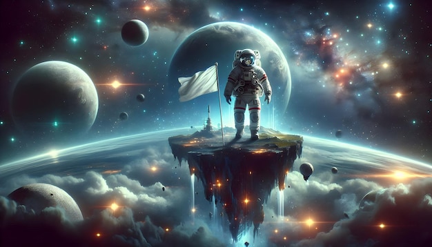 Photo Realistic as Astronaut with Helmet and Flag on Floating Island concept as Long shot of an astr