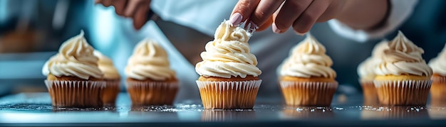 Photo Realistic as Baker frosting glossy cupcakes for a World Food Day party concept as Camera movem