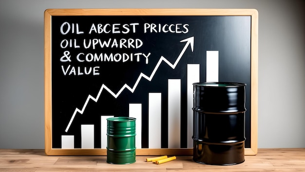 Photo photo realistic as blackboard with oil barrel and upward graph concept as a blackboard with an oil b