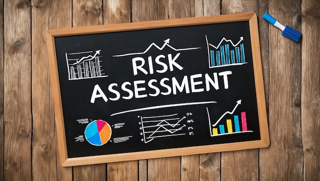 Photo photo realistic as blackboard with risk assessment and charts concept as a blackboard filled with ri