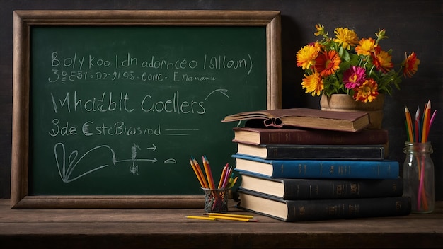 Photo Realistic as Book and Chalkboard concept as A book beside a chalkboard set against a dreamy ba