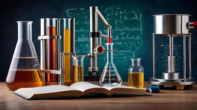 Photo Realistic as Book and Laboratory Equipment concept as A book next to laboratory equipment set