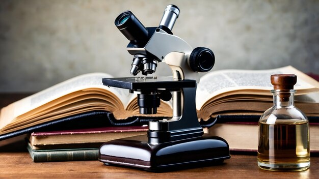 Photo Realistic as Book and Microscope concept as A book next to a microscope set against a dreamy b