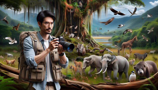 Photo photo realistic as conservation biologist with digital camera and endangered species in protected ar