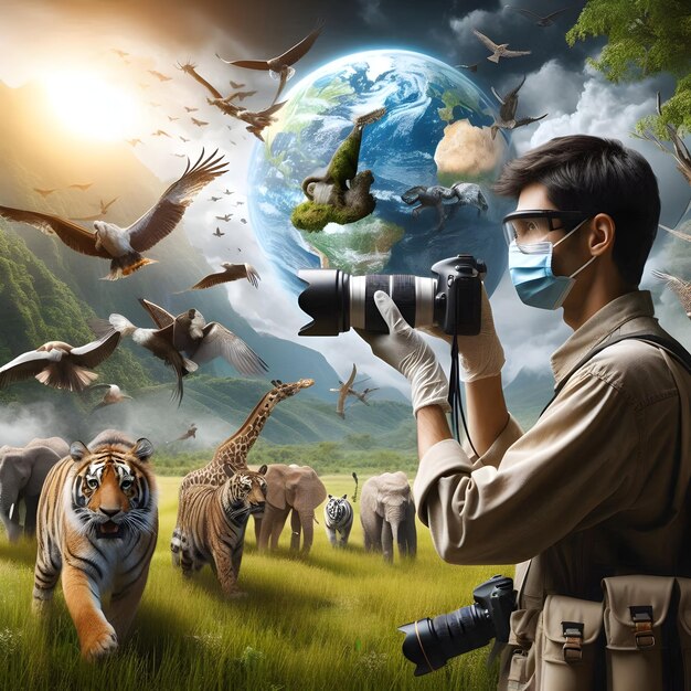 Photo photo realistic as conservation biologist with digital camera and endangered species in protected ar