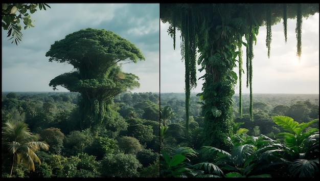 Photo Realistic as Deforestation and Flourishing Jungle concept as A view illustrating deforestation