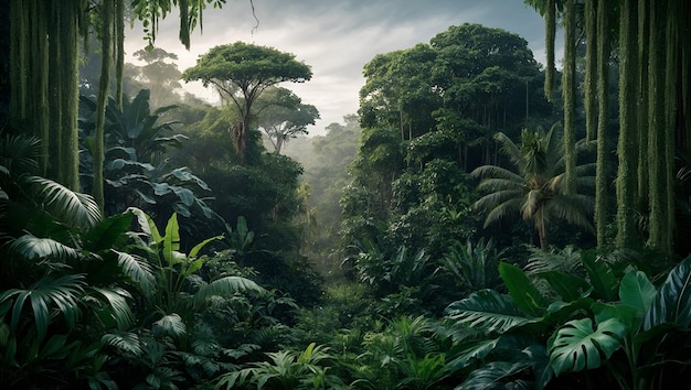 Photo Realistic as Deforestation and Flourishing Jungle concept as A view illustrating deforestation